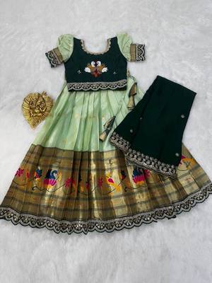Kids paithani simmer silk zari weaving pavadai lehenga choli set 3