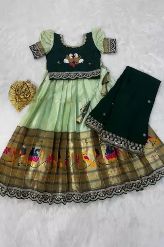 Kids paithani simmer silk zari weaving pavadai lehenga choli set