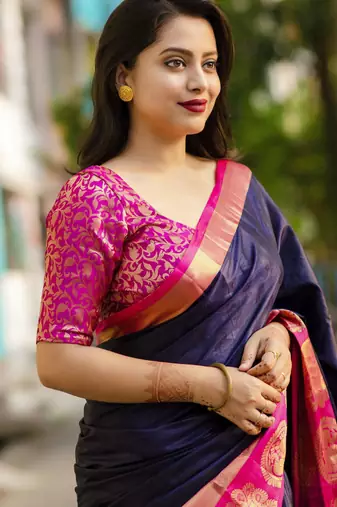Dark blue blended cotton woven zari work saree with blouse