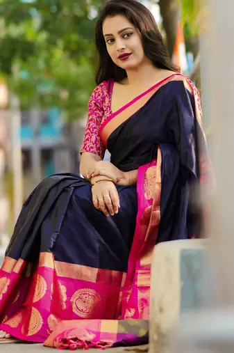Dark blue blended cotton woven zari work saree with blouse