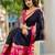 Dark blue blended cotton woven zari work saree with blouse