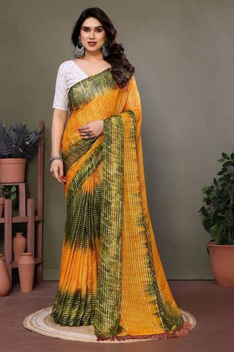 Orange georgette printed zari work saree with blouse
