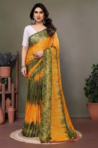 Orange georgette printed zari work saree with blouse