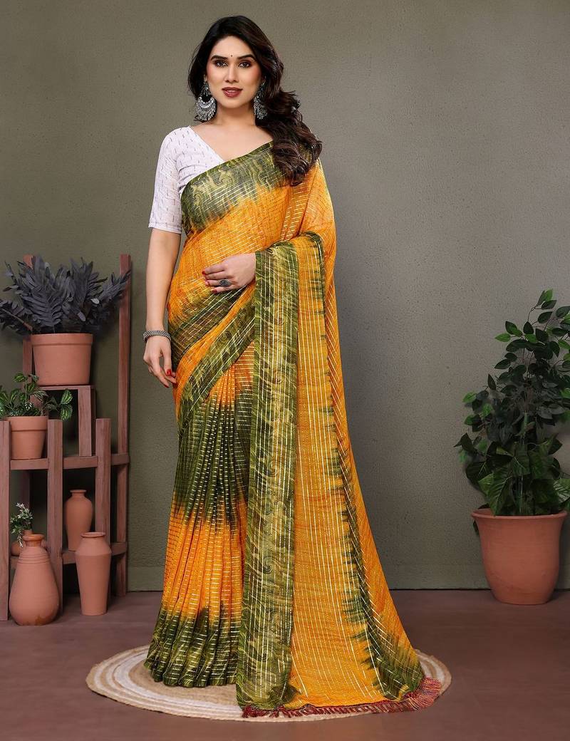 Orange georgette printed zari work saree with blouse