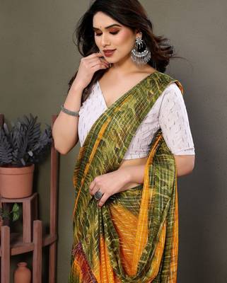 Orange georgette printed zari work saree with blouse 2