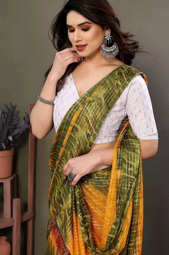 Orange georgette printed zari work saree with blouse