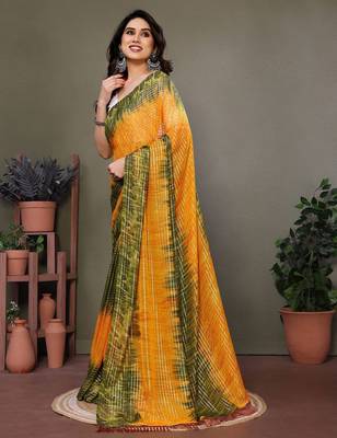 Orange georgette printed zari work saree with blouse 3