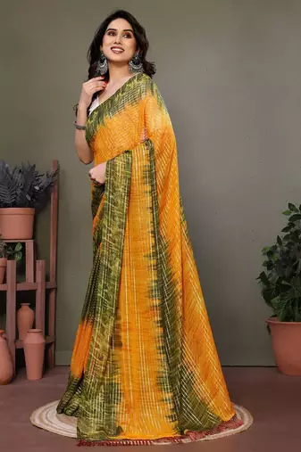 Orange georgette printed zari work saree with blouse