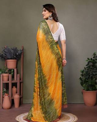 Orange georgette printed zari work saree with blouse 4