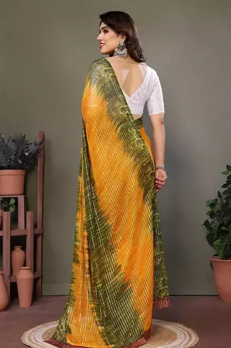Orange georgette printed zari work saree with blouse