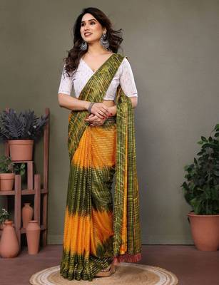 Orange georgette printed zari work saree with blouse 5