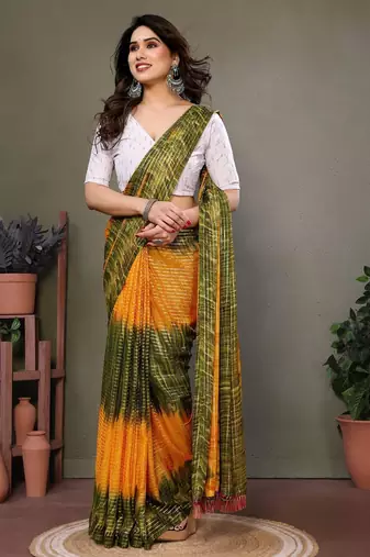 Orange georgette printed zari work saree with blouse