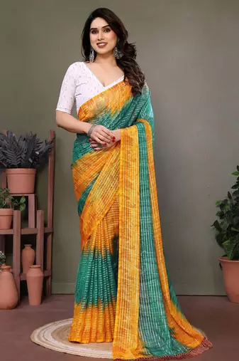 Green yellow georgette printed zari work saree with blouse