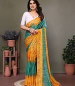 Green yellow georgette printed zari work saree with blouse