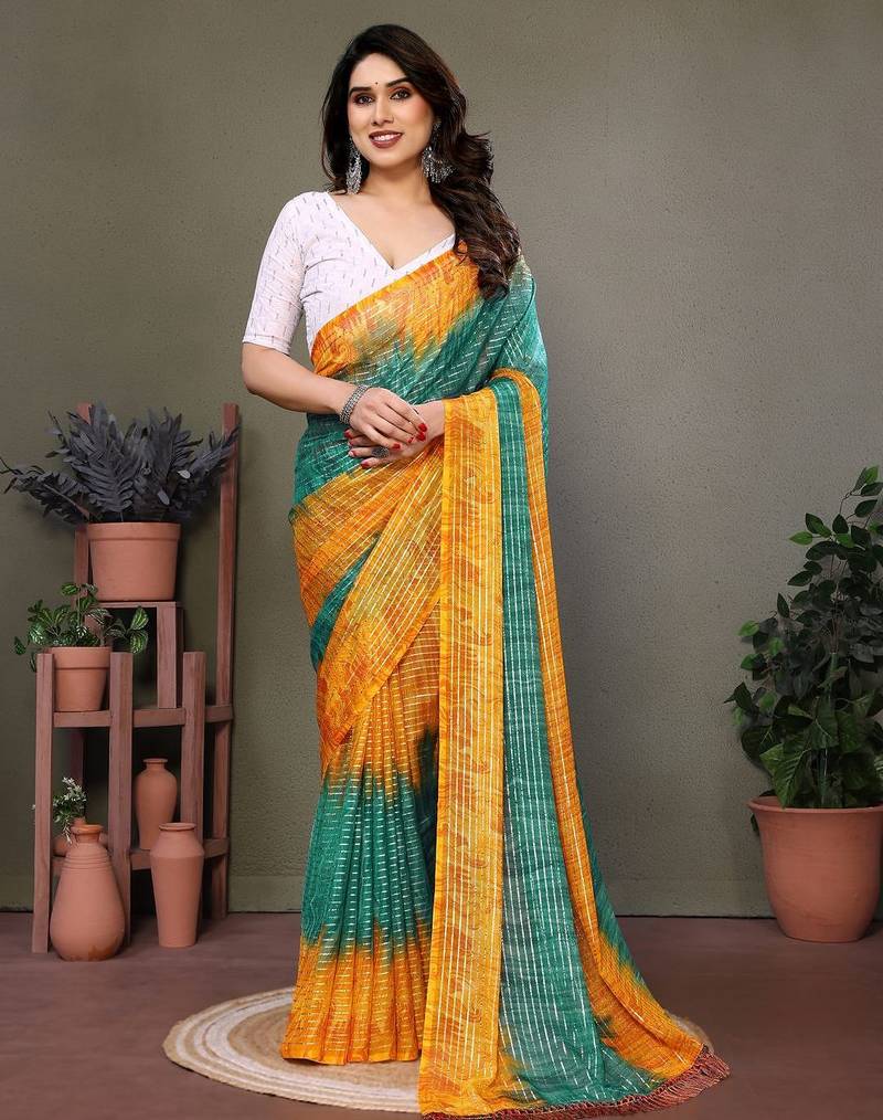 Green yellow georgette printed zari work saree with blouse