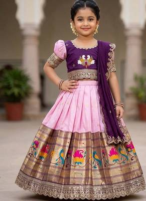 Kids paithani simmer silk zari weaving pavadai lehenga choli set 1