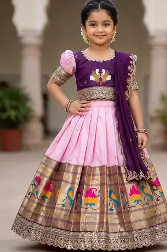 Kids paithani simmer silk zari weaving pavadai lehenga choli set