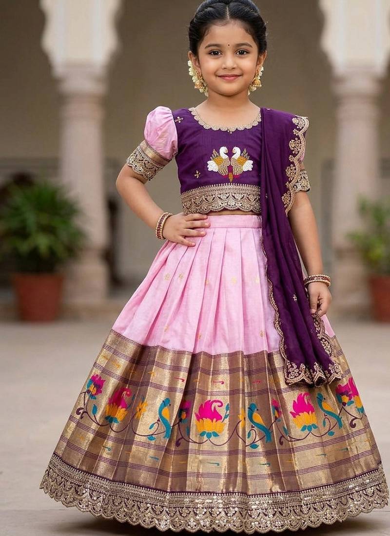 Kids paithani simmer silk zari weaving pavadai lehenga choli set