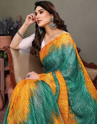 Green yellow georgette printed zari work saree with blouse 2