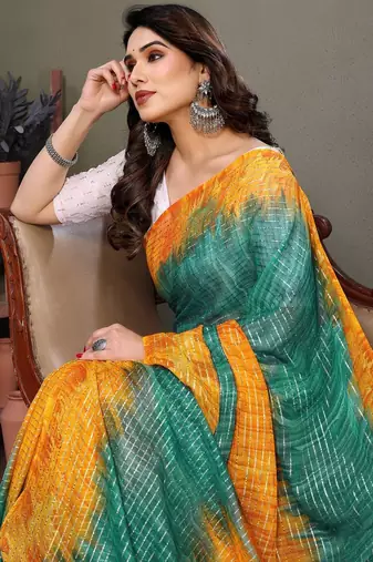 Green yellow georgette printed zari work saree with blouse