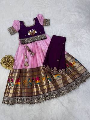 Kids paithani simmer silk zari weaving pavadai lehenga choli set 2