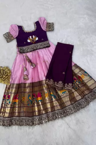 Kids paithani simmer silk zari weaving pavadai lehenga choli set
