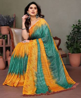 Green yellow georgette printed zari work saree with blouse 3