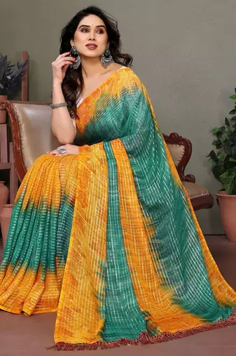 Green yellow georgette printed zari work saree with blouse