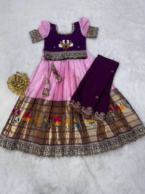 Kids paithani simmer silk zari weaving pavadai lehenga choli set 3