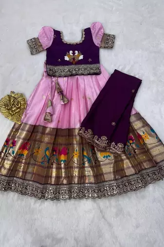Kids paithani simmer silk zari weaving pavadai lehenga choli set