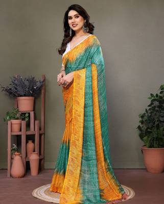 Green yellow georgette printed zari work saree with blouse 4