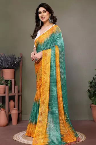 Green yellow georgette printed zari work saree with blouse