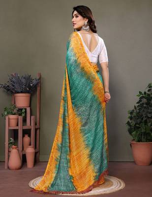 Green yellow georgette printed zari work saree with blouse 5
