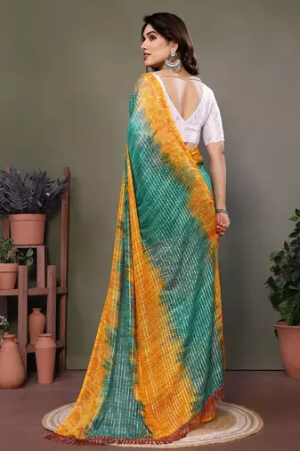 Green yellow georgette printed zari work saree with blouse