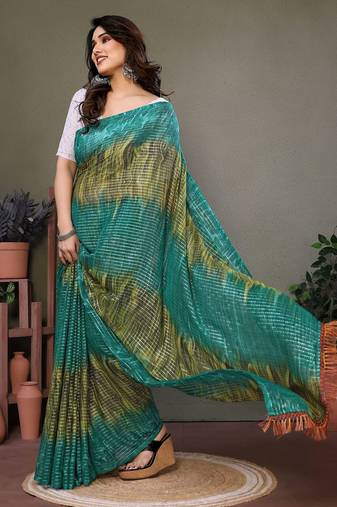 Dark green georgette printed zari work saree with blouse