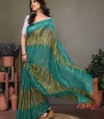 Dark green georgette printed zari work saree with blouse