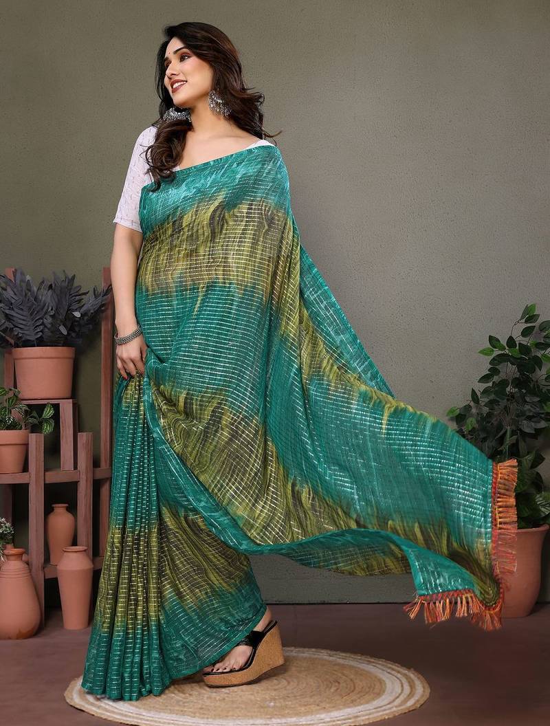 Dark green georgette printed zari work saree with blouse