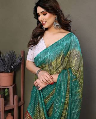 Dark green georgette printed zari work saree with blouse 2