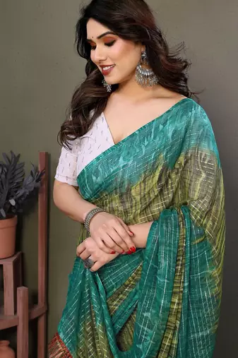 Dark green georgette printed zari work saree with blouse