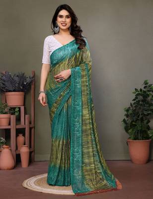 Dark green georgette printed zari work saree with blouse 3