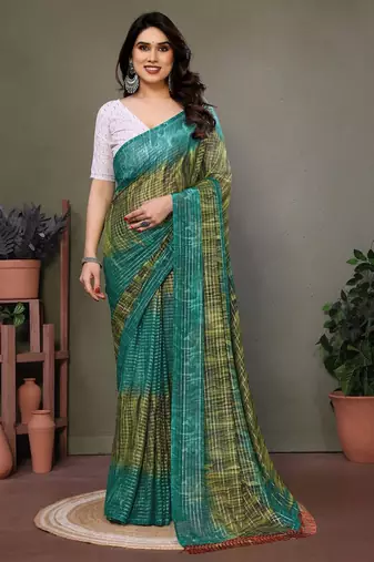 Dark green georgette printed zari work saree with blouse