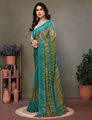 Dark green georgette printed zari work saree with blouse 4