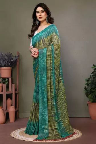 Dark green georgette printed zari work saree with blouse