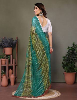 Dark green georgette printed zari work saree with blouse 5