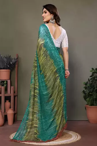 Dark green georgette printed zari work saree with blouse