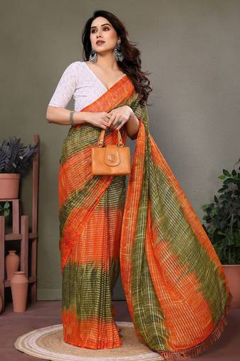 Light green orange georgette printed zari work saree with blouse