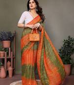 Light green orange georgette printed zari work saree with blouse