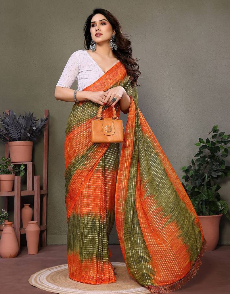Light green orange georgette printed zari work saree with blouse
