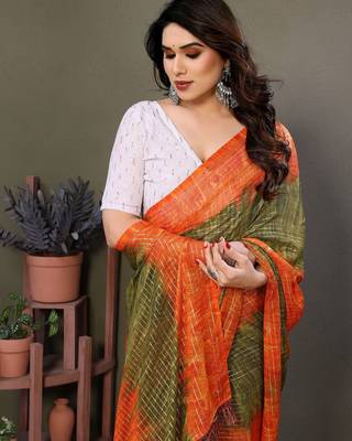 Light green orange georgette printed zari work saree with blouse 2