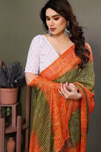 Light green orange georgette printed zari work saree with blouse
